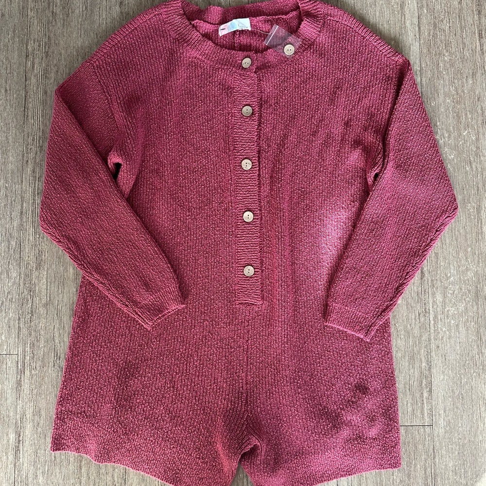 Free People Rose Knit Button-Front Romper in Deep Pink